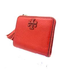 TORY BURCH 二つ折り 財布 レザー フラグメントケース コンパクトウォレット ゴールド金具 タッセル ロゴ ユニセックス レッド