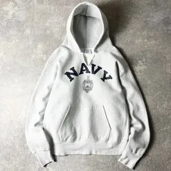 90s USA製 US NAVY 2段 プリント RWタイプ スウェット フード パーカー / 90年代 アメリカ製 USNA NAVAL リバース 霜降り グレー トレーナー