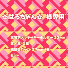 ☆はるちゃん☆様専用　食物アレルギーキーホルダー32ｍｍ２個　喘息です缶バッジ37ｍｍ１個セット