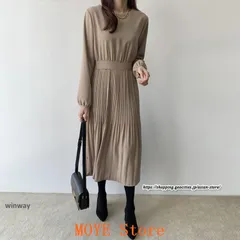 プリーツワンピース 長袖ワンピース 春ワンピース レディース 春秋服 ロングワンピース ミモレ丈 丸ネック 無地 二次会 卒業式 入学式 フォーマル 大人 着痩せ