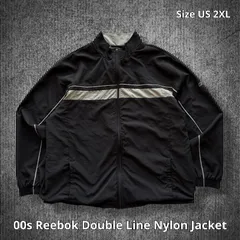 00s Reebok Double Line Nylon Jacket リーボック ダブルラインナイロンジャケット ブラック グレー US 2XLサイズ カンボジア製 ベクターロゴ 刺繍 ストリート スポーツ Y2K