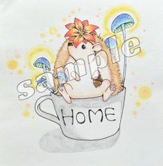 【原画】手描き　オリジナル　ハリネズミ　花　キノコ　ボタニカル　ファンシー