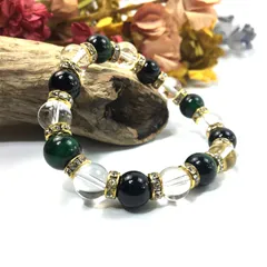 グリーンタイガーアイ×水晶×オニキス パワーストーン ブレスレット 10mm（ゴールド）メンズ・レディース 男性・女性 数珠ブレス 開運   [c] 