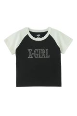 X-girl エックスガール 105252011029 RHINESTONE ROMAN TYPE LOGO RAGLAN S/S BABY TEE ベビーTシャツ BLACK 正規通販 レディース