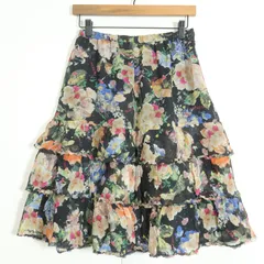 インゲボルグ★フレアスカート ひざ丈 段々フリル 花柄 ウエストゴム サイズ11 黒×ミックス系 z13224