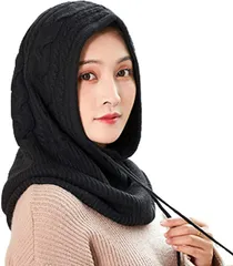 sac taske 母の日 ニット バラクラバ ネックウォーマー マフラー レディース フード 帽子 ケーブルニット ブラック( ブラック,  Free Size)