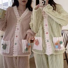 パジャマ レディース ルームウェア 長袖 もこもこ 前開き 厚手 上下セット ロングパンツ 部屋著 寢巻き 暖かい 可愛い 秋冬 mlxz101