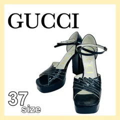 GUCCI グッチ レザー アンクルストラップ チャンキーヒール ウエッジソール ヒール ブラック エナメル 37 601580