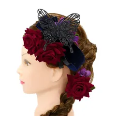 髪飾り 成人式 赤 振袖 前撮り 袴 花 2点セット 薔薇 バラ ワインレッド 黒 紫 紺 ネイビー リボン ベロア ベルベット 革 レザ No.9-4970