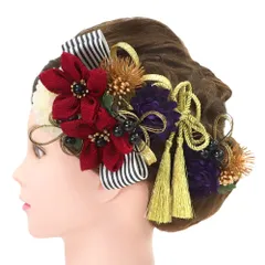 髪飾り 成人式 水引 つまみ細工 赤 振袖 前撮り 袴 リボン 3点セット 紫 白 ゴールド ちりめん 組紐 房 ボーダー ストライプ No.9-5139