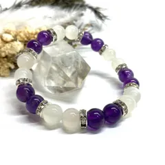 ムーンストーン&アメジスト パワーストーン ブレスレット 天然石 (シルバー) 8mm レディース 女性  数珠ブレス 開運 プレゼント ギフト  [5]