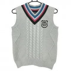 【美品】パーリーゲイツ ニットベスト グレー×ブルー ケーブル編み Vネック レディース 0(S) ゴルフウェア PEARLY GATES