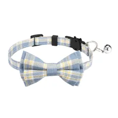 BLOOPIC 猫首輪 鈴付き 蝶結び 1本入り 犬首輪 猫くびわ 布製 調節可能 セーフティバックル付 可愛い 軽量 おしゃれ チェック柄 ペット用品 猫犬通用 （黄青） 1