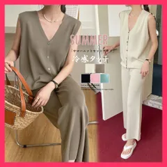 【スタッフおすすめ！】 サマーニットセットアップ 冷感タッチ薄手 上下 セットアップ/韓国ファッション/無地 ニットパンツ レディース 2点ニットセット オフィス おすすめ おしゃれ　かわいい　人気 83JINXIU-002