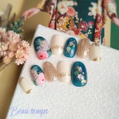 ネイルチップ　和柄ネイル　緑　グリーン　成人式　振袖　前撮り　袴　フラワー　手描き　169