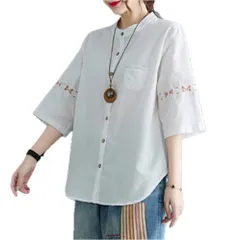 [TaKiHuReO] エスニック 柄 レトロ 刺繍 スタンドカラー シャツ ５分袖 レディース アジアン 可愛い お洒落 ポケット付き カジュアル 半袖 (ホワイト) [ホワイト]