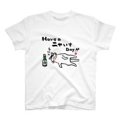 猫イラストTシャツ前面「Have a ニャいす Day!!（ハチワレ）」 / Printstar 綿100%　5.6オンスヘビーウェイトTシャツ（001ホワイト）