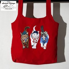 CORISCO コリスコ Animal village 猫 犬 プリント エコバッグ 手提げ バッグ お買い物袋 アニマルプリント かわいい 動物プリント レディース ポリリップ 赤 RED 111921 レッド 猫