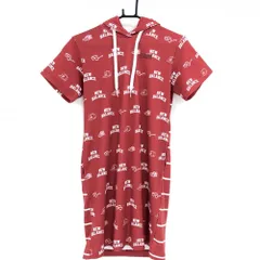 【美品】ニューバランスゴルフ フード付き半袖ワンピース レッド×白 ロゴ総柄  レディース 1(M) ゴルフウェア New Balance