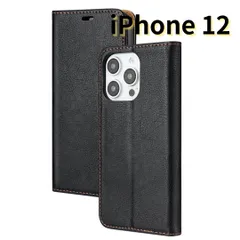 【SHOPS】 iPhone12 レザー風 スマホケース 手帳型 耐衝撃 マグネット式 カードケース 黒 E046