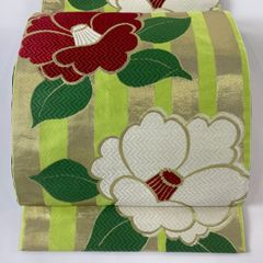 袋帯 秀品 椿 縞 箔 黄緑色 六通 正絹 【中古】