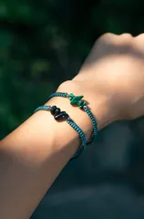 天然石マクラメブレスレット【金属アレルギー対応】グリーンカラー　マラカイト・ハイパーシーン