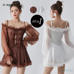 夏 水着 レディース ワンピース オールインワン 体型カバー オフショル フリル 紐 リボン おしゃれ かわいい 白 長袖 キャンディスリーブ