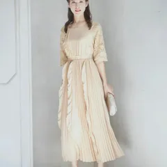 新品 ワンピースドレス XLサイズ ピンクベージュ レース袖 プリーツ Aライン ミモレ丈 フリル ウエストゴム フォーマル 結婚式 お呼ばれ 上品デザイン ロングワンピース ピンクベージュ プレゼント 贈り物