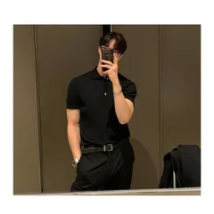 ニットポロ リブニット メンズ ゴルフシャツ サマーニット ポロシャツ トップス カジュアル 半袖 無地 薄手 ポロ 父の日HZQ4764