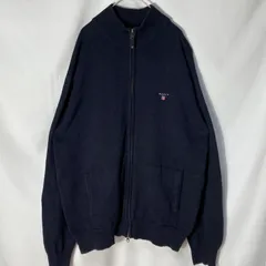 【GANT】ドライバーズニット　フルジップカーディガン　セーター　ワンポイント刺繍ロゴ　ネイビー　アメリカ　古着