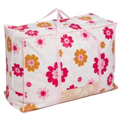 【迅速発送】アストロ 収納ケース 羽毛布団 シングルサイズ・ダブルサイズ兼用 ホワイト 花柄 1個 通気性の良い不織布 収納袋 布団収納バッグ フラワープリント レトロ 折りたたみ 持ち手 透明窓付き 618-97