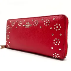 ✨良品✨ COACH コーチ 長財布 ロングウォレット 馬車金具 スタッズ シルバー金具 定期入れ 小銭入れ クロスグレインレザー レディース レッド 赤色