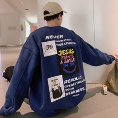 Never バックプリント スウェット トレーナー 韓国 メンズ ブルー 人気