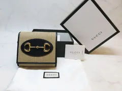 MER701 GUCCI（グッチ）ホースビットウォレット 2つ折り財布 折りたたみ財布 キャンバス レザーベージュ ベージュ×ネイビー コンパクトウォレット 日本限定 箱 保存袋