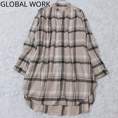 グローバルワーク　シャツ　長袖　チェック柄　スタンドカラー　ラウンドヘム　カジュアル　エレガント　配色　Lサイズ