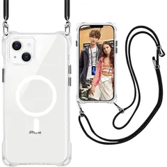 MagSafe対応 iPhone 13/14用 ケースクリア ストラップ ショルダー マグネット搭載 HILEGENERアイフォン13/14カバー 縦/横 2WAY肩掛け 斜めかけケース【長さ調整可能 ブラック縄掛け付き】透明PC+ TPU 2重構造軽量  0