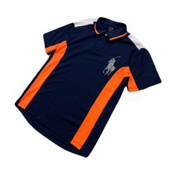 POLO RALPH LAUREN 半袖 ポロシャツ ネイビー オレンジ差し色 Lサイズ メンズ スリム 細身 【 ビッグポニー スポーティ♪ 】ポロラルフローレン ●BB318