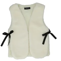 ☆ ホワイト ☆ ショートベスト kvest10 ファーベスト ショート ベスト ジレ アウター レディース 秋冬 ボアベスト ふわふわ もこもこ おしゃれ サイドリボン ノーカラー ノースリーブ 羽織り 軽い 大人 かわいい フェイク ファー