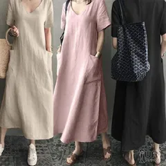 ワンピース 夏 レディース ロングワンピース ワンピース ミモレ丈 半袖 春 夏 綿麻 Vネック 体型カバー 大きいサイズ きれいめ ゆったり 着痩せ llq14