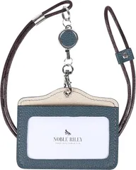 NOBLE RILEY idカードホルダー リール 縦 横 本革 軽量 社員証 icカードケース(ブルークリーム,  よこ型)