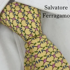《美品》Salvatore Ferragamo (サルヴァトーレ・フェラガモ) イタリー製 シルクネクタイ 総柄 格子 ガンニーチ イエロー ピンク グリーン