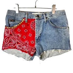 70s～リーLeeリメイクデニムショーツハーフパンツショートパンツ切りっぱなしカットオフバンダナ柄ペイズリー柄スタッズ水色ライトブルー赤レッドvintageヴィンテージ40816