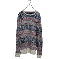 RW&CO. レーヨン混紡 ニット セーター XS オフホワイト ブルー レッド 総柄 クルーネック 古着卸 アメリカ仕入 a603-5719