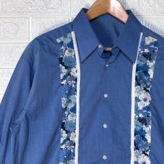 キューバシャツ風　花柄　ブルー　長袖シャツ
