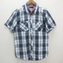 a■ザラ/ZARA MAN チェック柄 胸ポケット 半袖シャツ【XL】紺/MENS/100【中古】