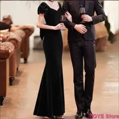 カラードレス カクテルドレス ブラック ロングドレス 袖あり 半袖 ベルベット タイト パーティードレス 発表会 演奏会 ステージ コンクール イブニングドレス ファスナー