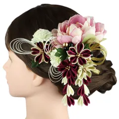 髪飾り 成人式 振袖 2点セット 紫 臙脂 白 緑 ゴールド つまみ細工 剣つまみ さがり 水引 和柄 ビーズ コーム Uピン 和小物 着 No.9-5438