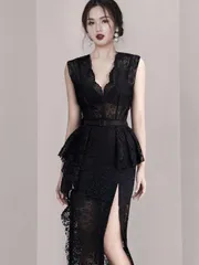 パーティードレス  総レースワンピース 20代 30代 40代 無地 おしゃれ フォーマル 膝丈 Vネック スリットスカート  ブラック  0498