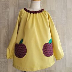 りんごポケット タータンチェック 赤 長袖スモック 首パイピング イエロー