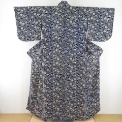 小紋 縮緬 菊文様 単衣 広衿 紺色 正絹 仕立て上がり カジュアル着物 身丈152cm